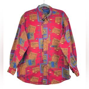 Vintage Nautica Red Trout Fisherman Core Button Down Long Sleeve Shirt Mens Lg